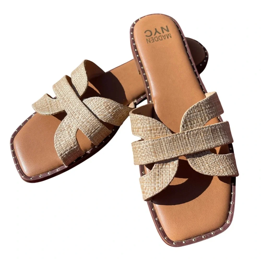 Den NYC Women's Sz 9.5 Selina H-Band Flat Slip-On Sandals Raffia/Camel - Picture 1 of 8